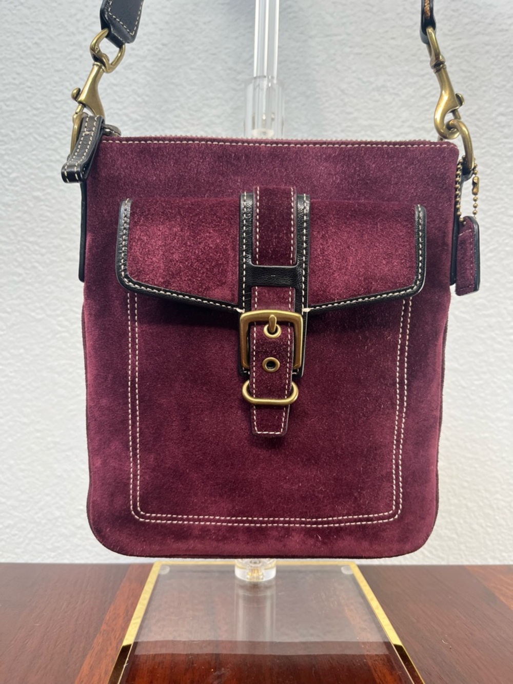 Coach Burgundy Suede Crossbody Bag with Black Trim & Gold Hardware